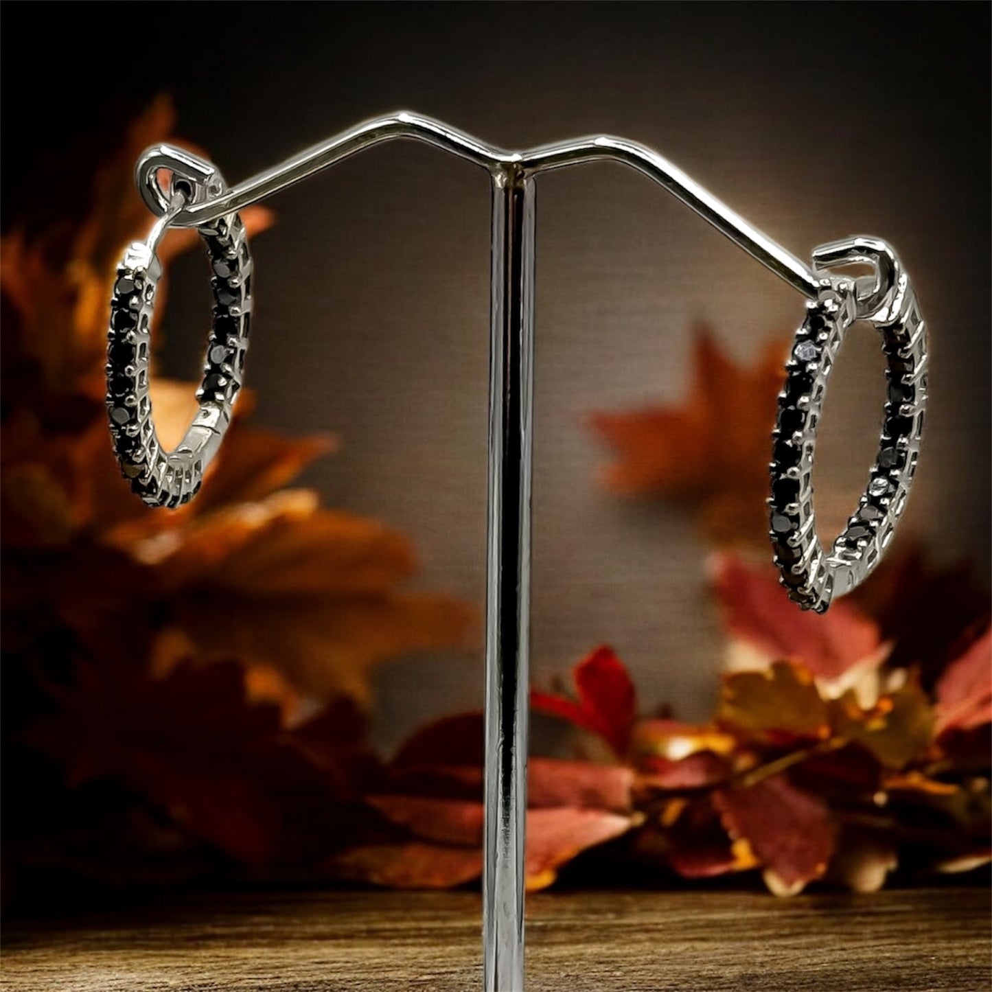 Vintage 9ct White Gold Inside and Outside Black Diamond Hoop Earrings