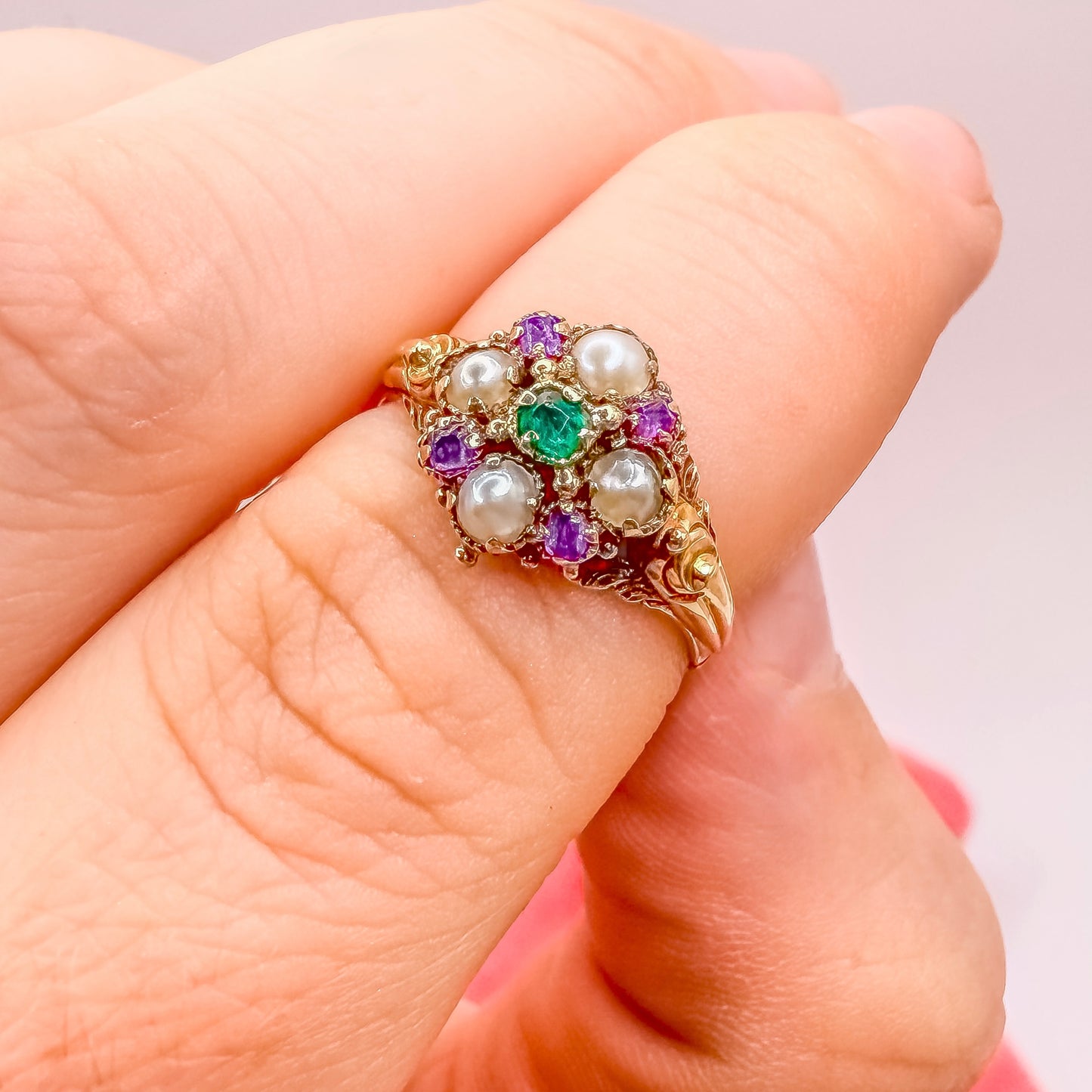 Antique Georgian-Style Emerald, Pearl & Amethyst Cluster Ring