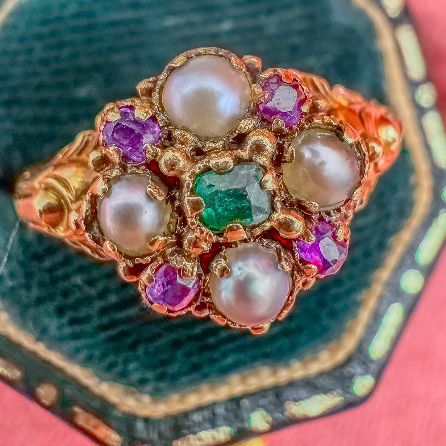 Antique Georgian-Style Emerald, Pearl & Amethyst Cluster Ring