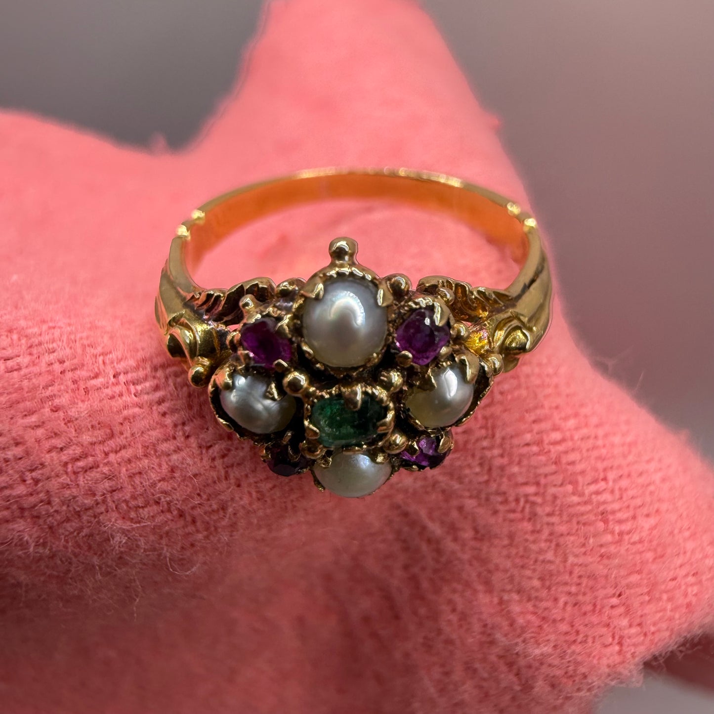 Antique Georgian-Style Emerald, Pearl & Amethyst Cluster Ring
