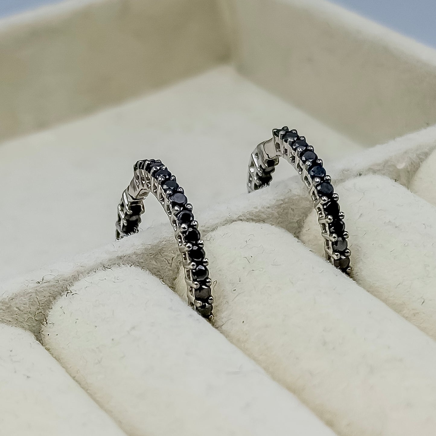 Vintage 9ct White Gold Inside and Outside Black Diamond Hoop Earrings
