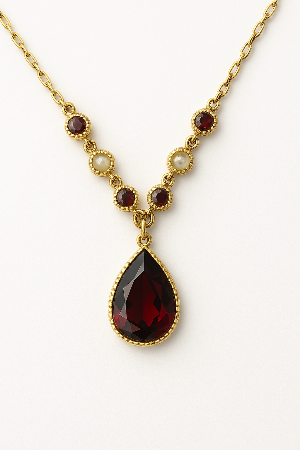 Vintage 9ct Gold Garnet & Seed Pearl Necklace