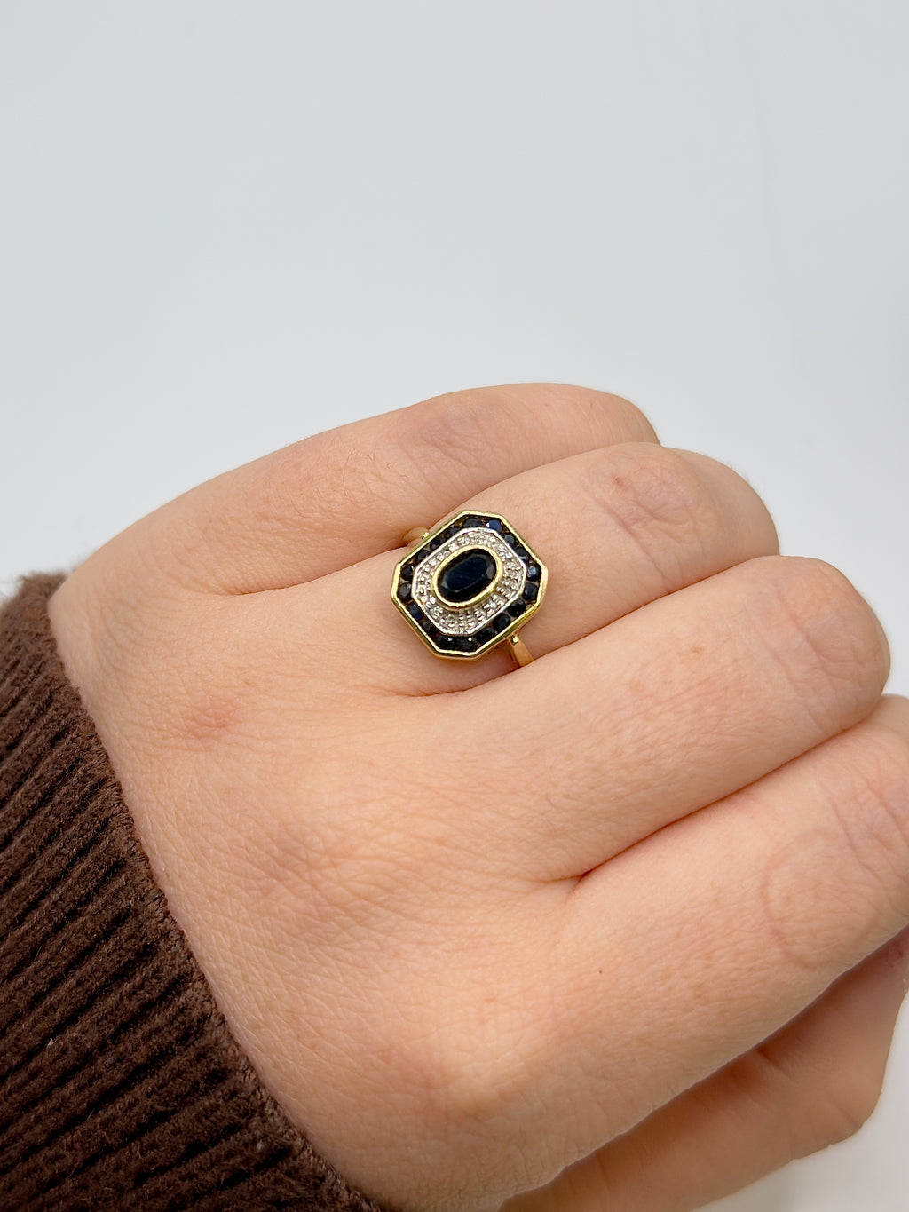 Vintage 9ct Gold Sapphire & Diamond Octagonal Cluster Ring
