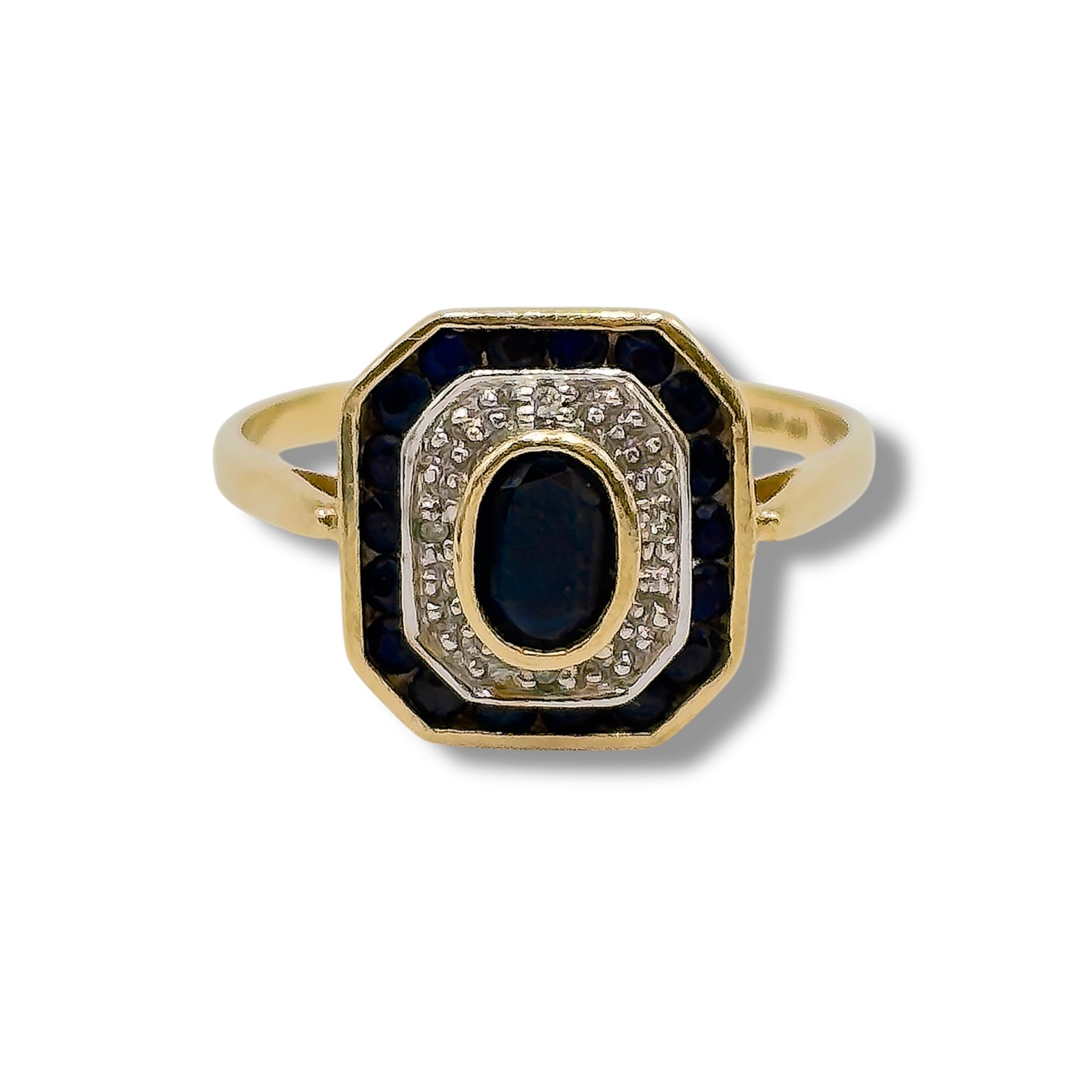 Vintage Second Hand 9ct Gold Sapphire & Diamond Octagonal Cluster Ring