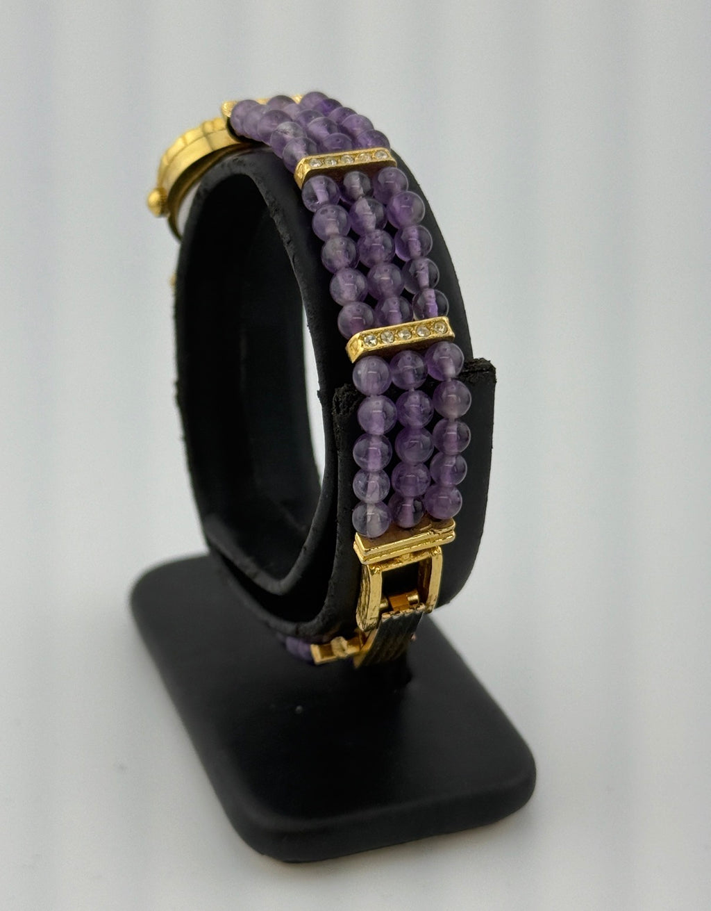 Lucoral Genuine Quartz Watch – Multistrand Violet Beaded Bracelet with CZ Crystal Accents