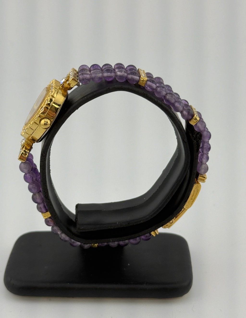 Lucoral Genuine Quartz Watch – Multistrand Violet Beaded Bracelet with CZ Crystal Accents
