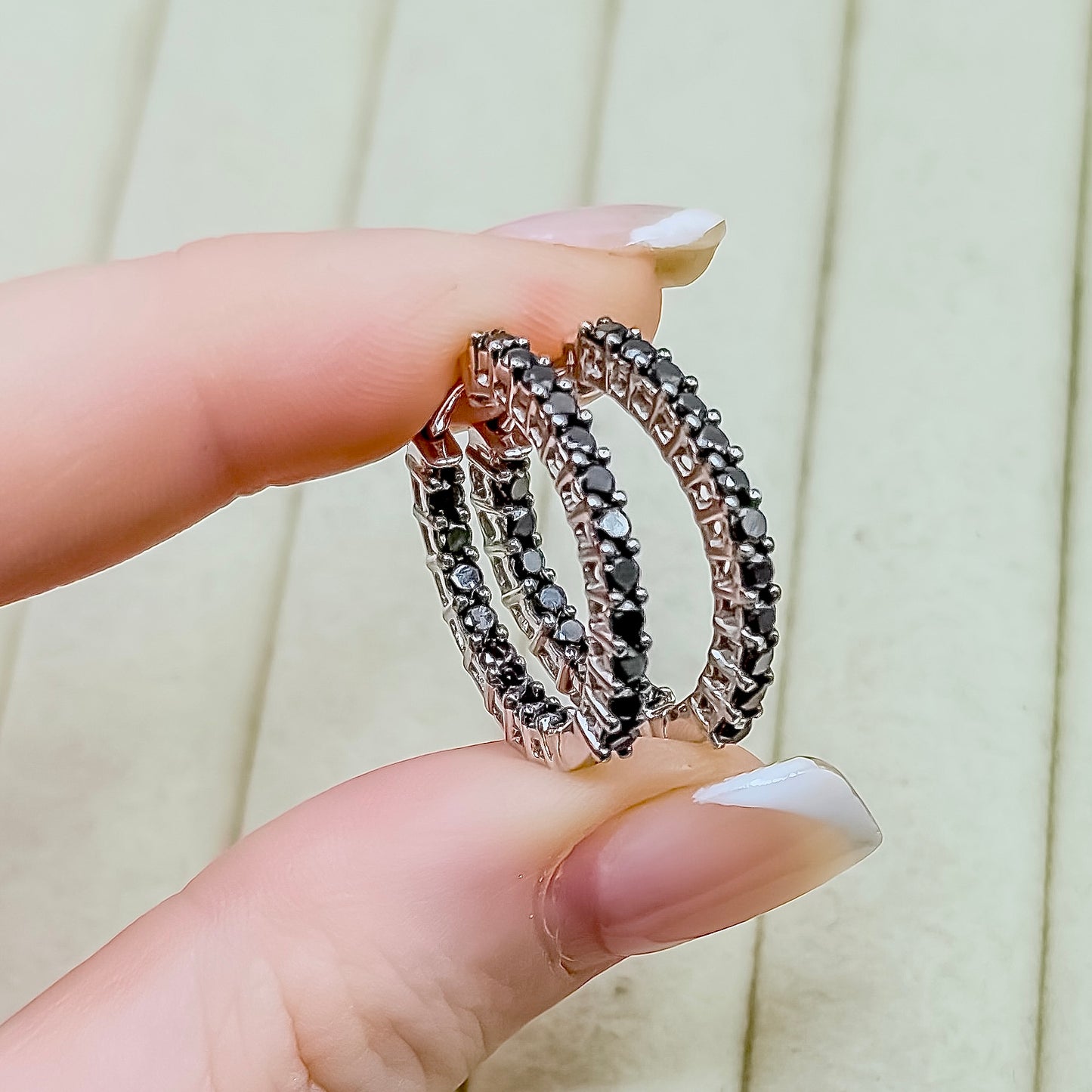 Vintage 9ct White Gold Inside and Outside Black Diamond Hoop Earrings