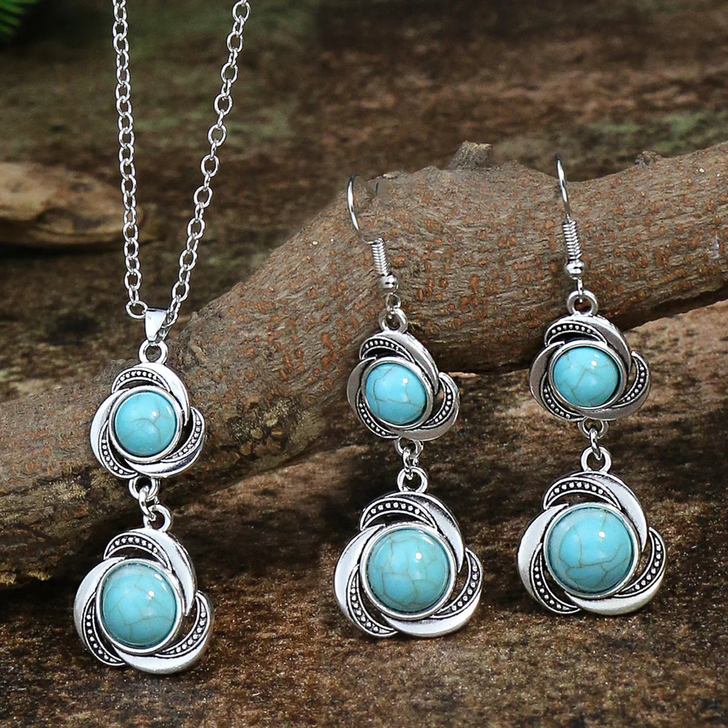 Vintage Turquoise Necklace Earring Jewellery Set
