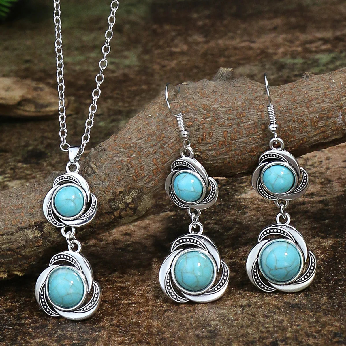 Vintage Turquoise Necklace Earring Jewellery Set