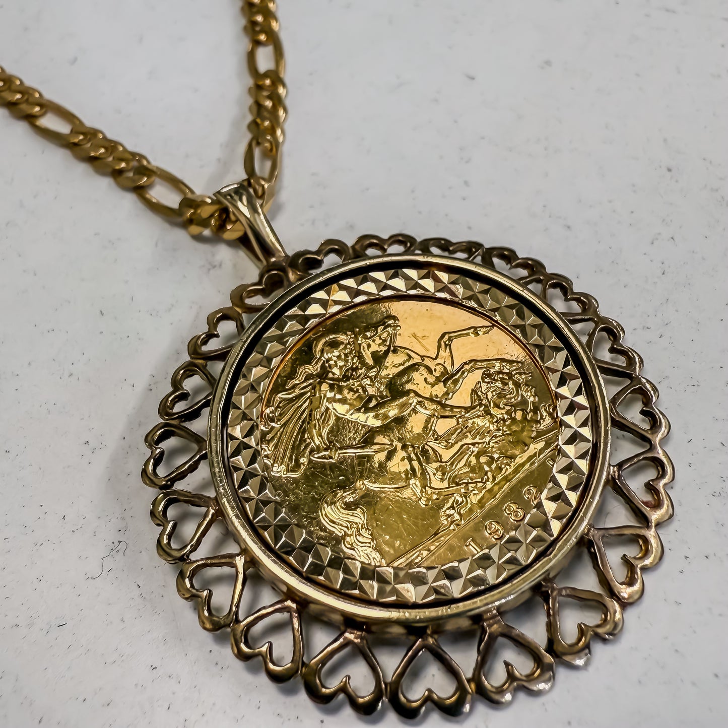 Vintage 1982 Half Sovereign Heart Mount Pendant