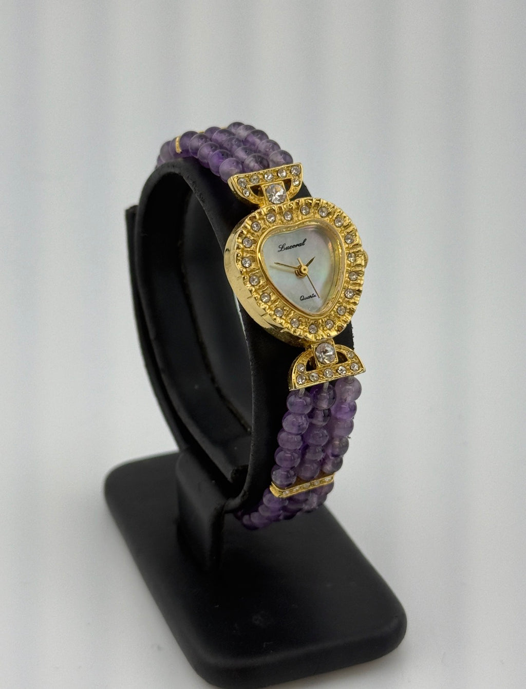 Lucoral Genuine Quartz Watch – Multistrand Violet Beaded Bracelet with CZ Crystal Accents