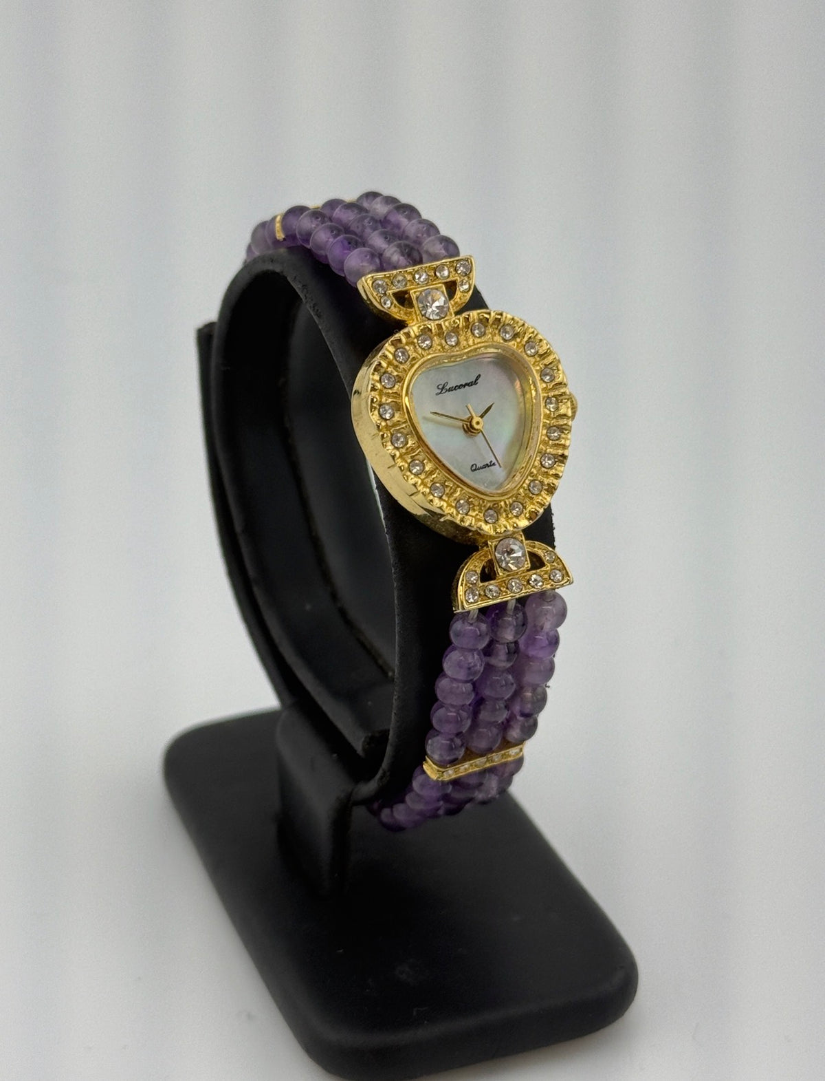 Lucoral Genuine Quartz Watch – Multistrand Violet Beaded Bracelet with CZ Crystal Accents