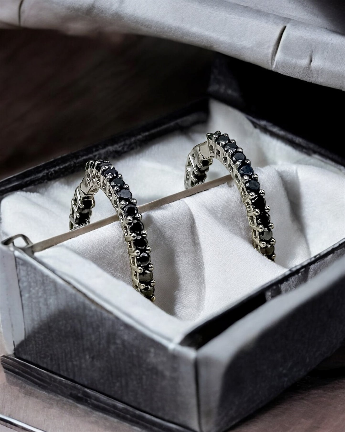 Vintage 9ct White Gold Inside and Outside Black Diamond Hoop Earrings