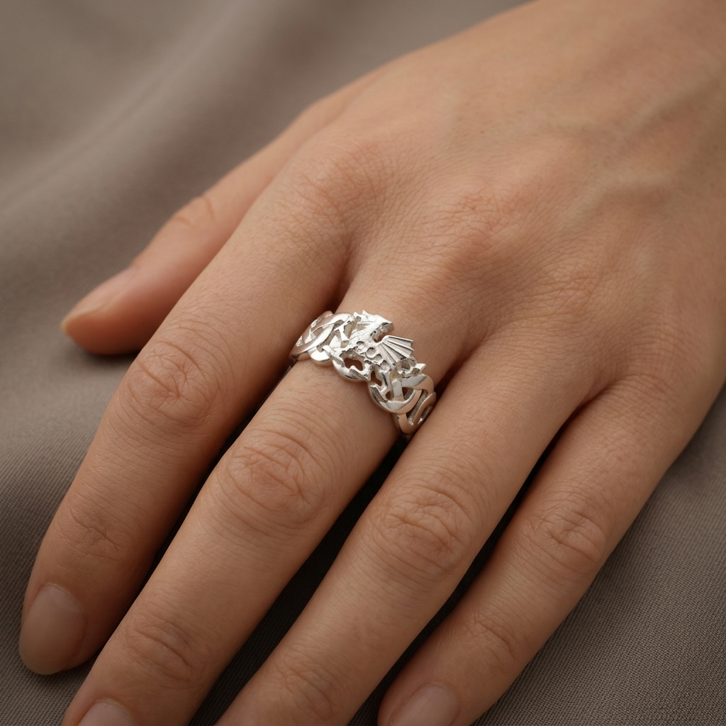 Handmade Sterling Silver Welsh Dragon & Celtic Knot Ring