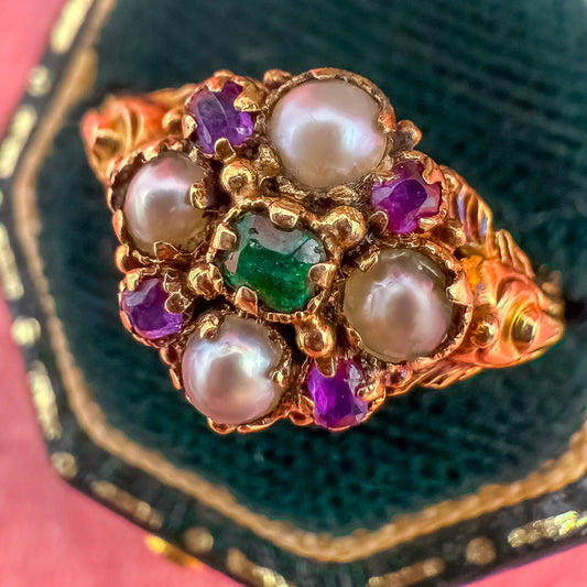 Antique Georgian-Style Emerald, Pearl & Amethyst Cluster Ring