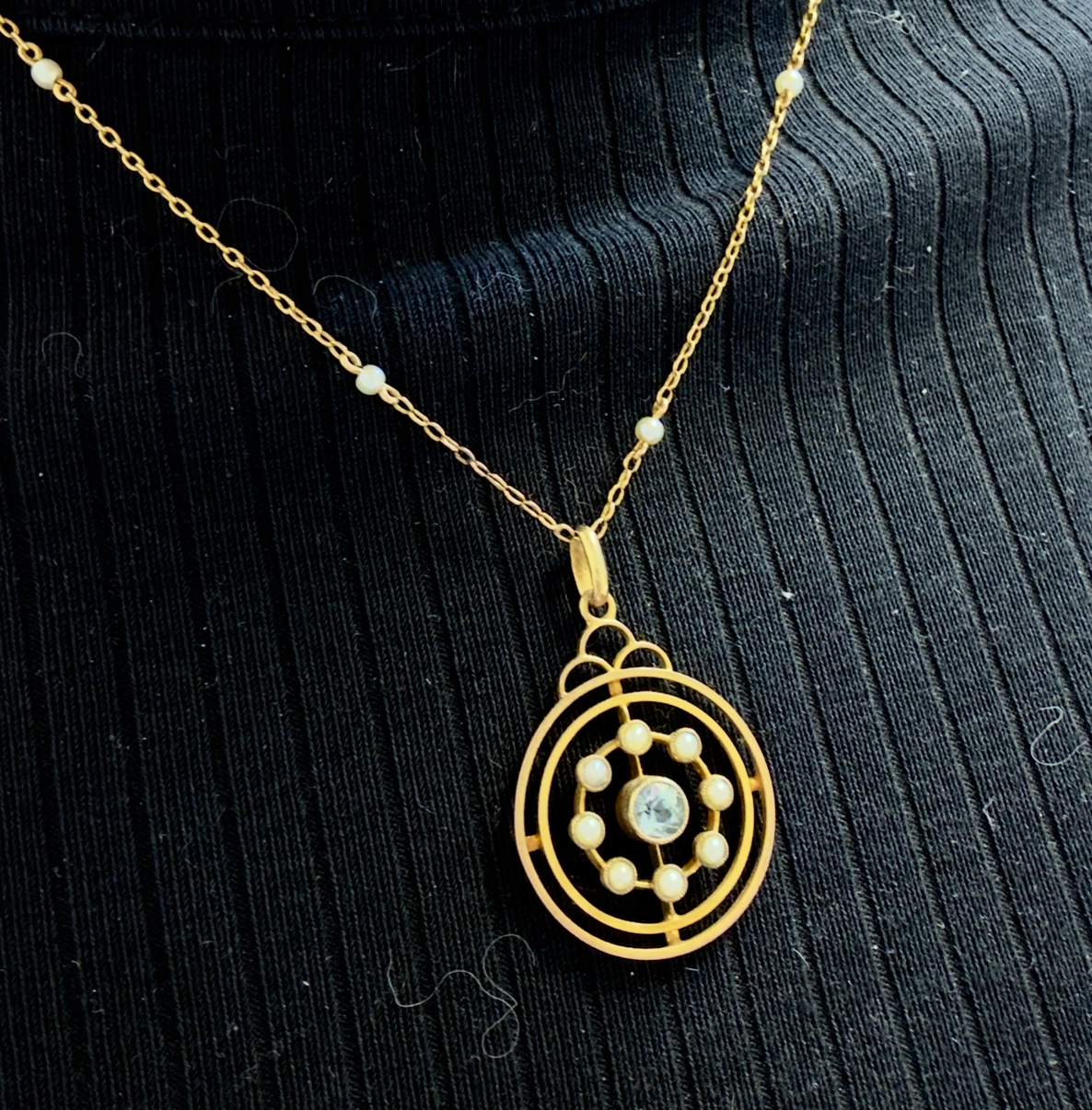 Antique 15ct Gold Topaz & Seed Pearl Pendant Necklace