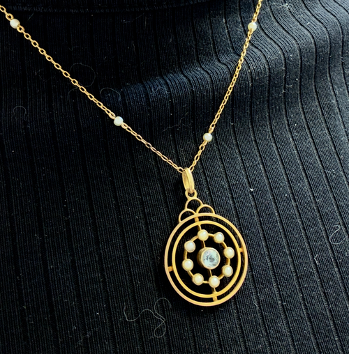 Antique 15ct Gold Topaz & Seed Pearl Pendant Necklace