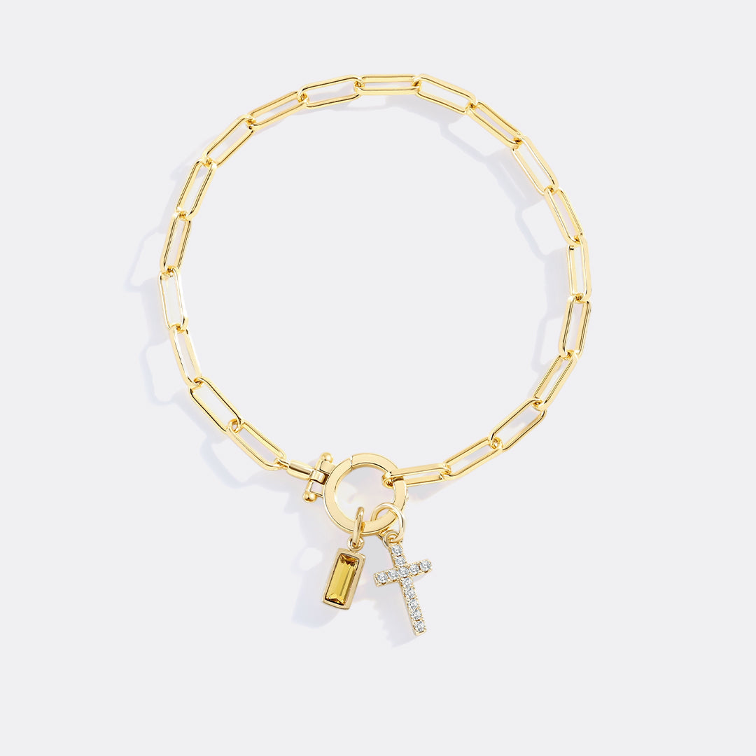 Cross Charm Birthstone Paperclip Bracelet