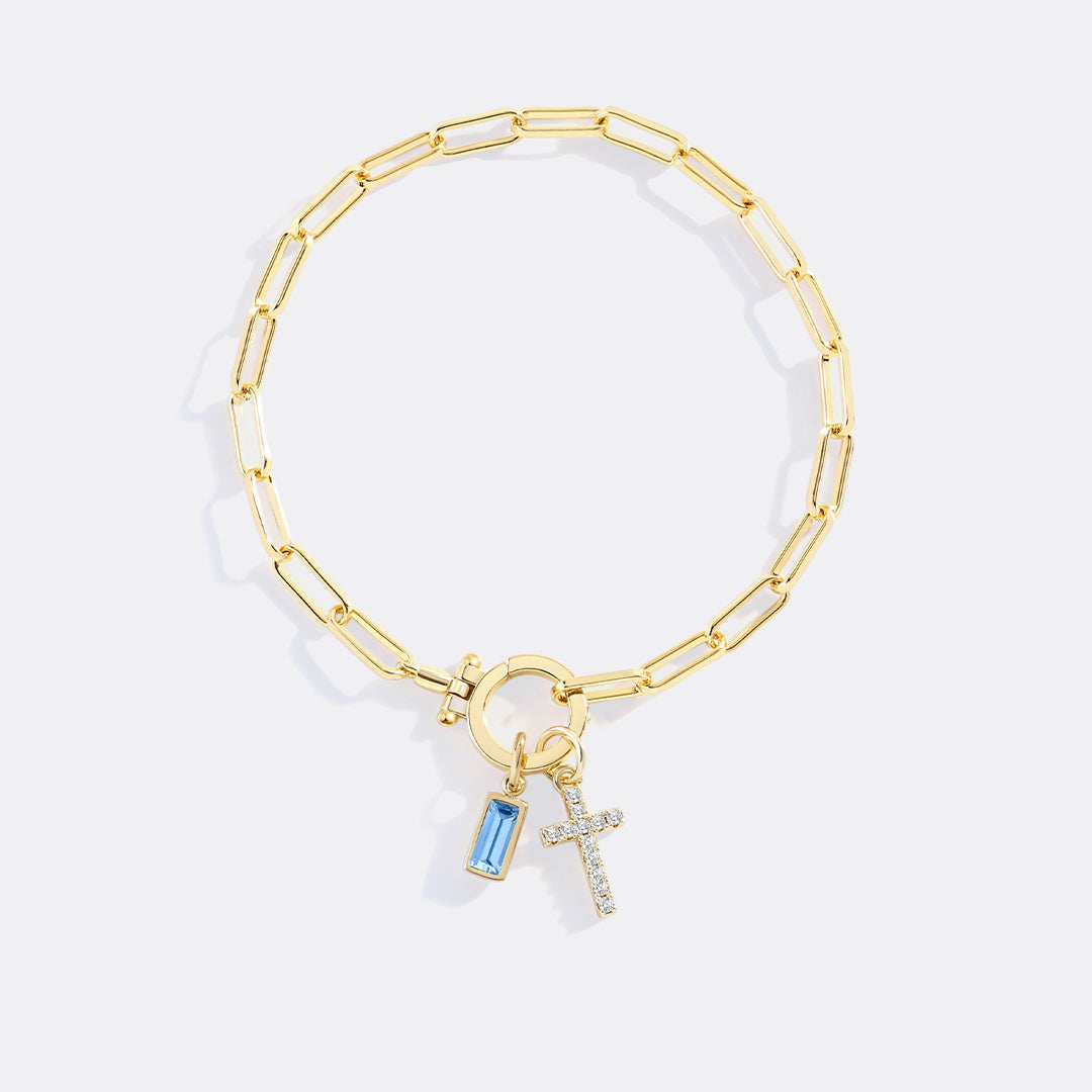 Cross Charm Birthstone Paperclip Bracelet