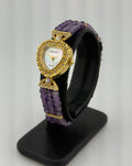 Lucoral Genuine Quartz Watch – Multistrand Violet Beaded Bracelet with CZ Crystal Accents
