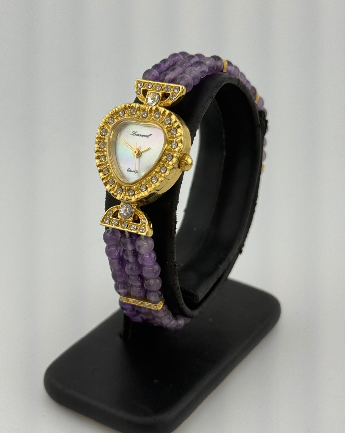 Lucoral Genuine Quartz Watch – Multistrand Violet Beaded Bracelet with CZ Crystal Accents