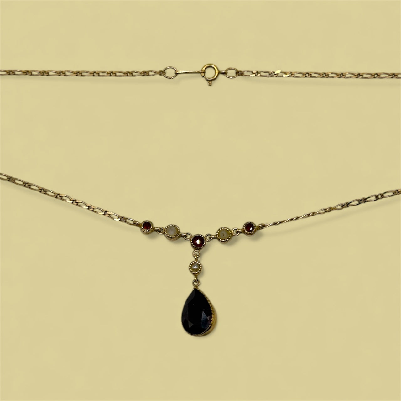 Vintage 9ct Gold Garnet & Seed Pearl Necklace