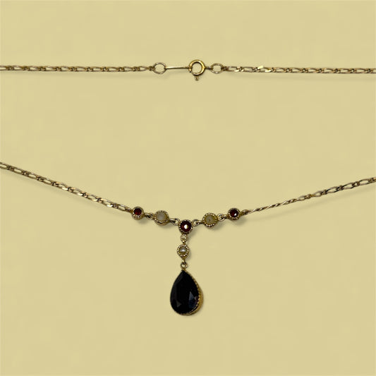 Vintage 9ct Gold Garnet & Seed Pearl Necklace