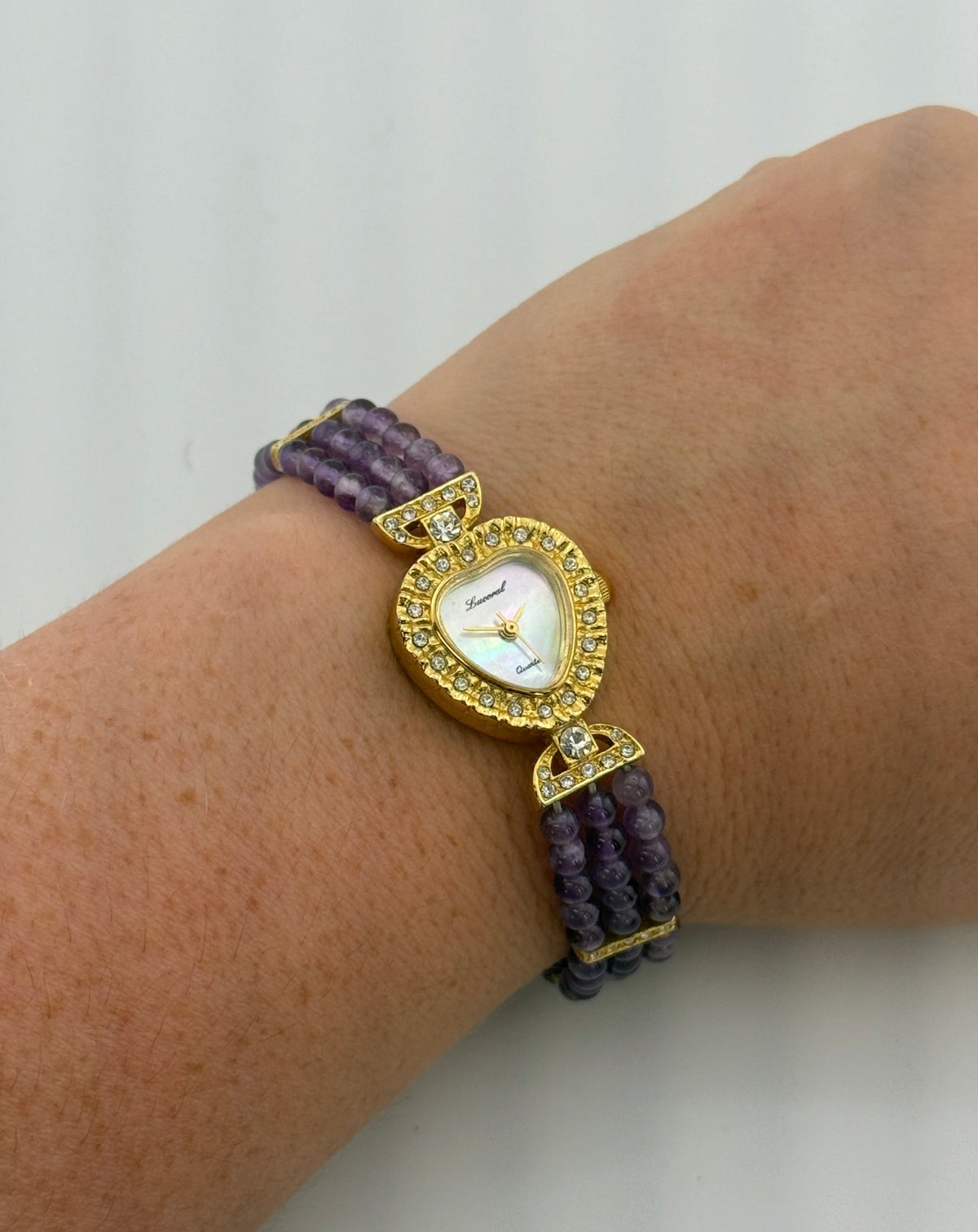 Lucoral Genuine Quartz Watch – Multistrand Violet Beaded Bracelet with CZ Crystal Accents