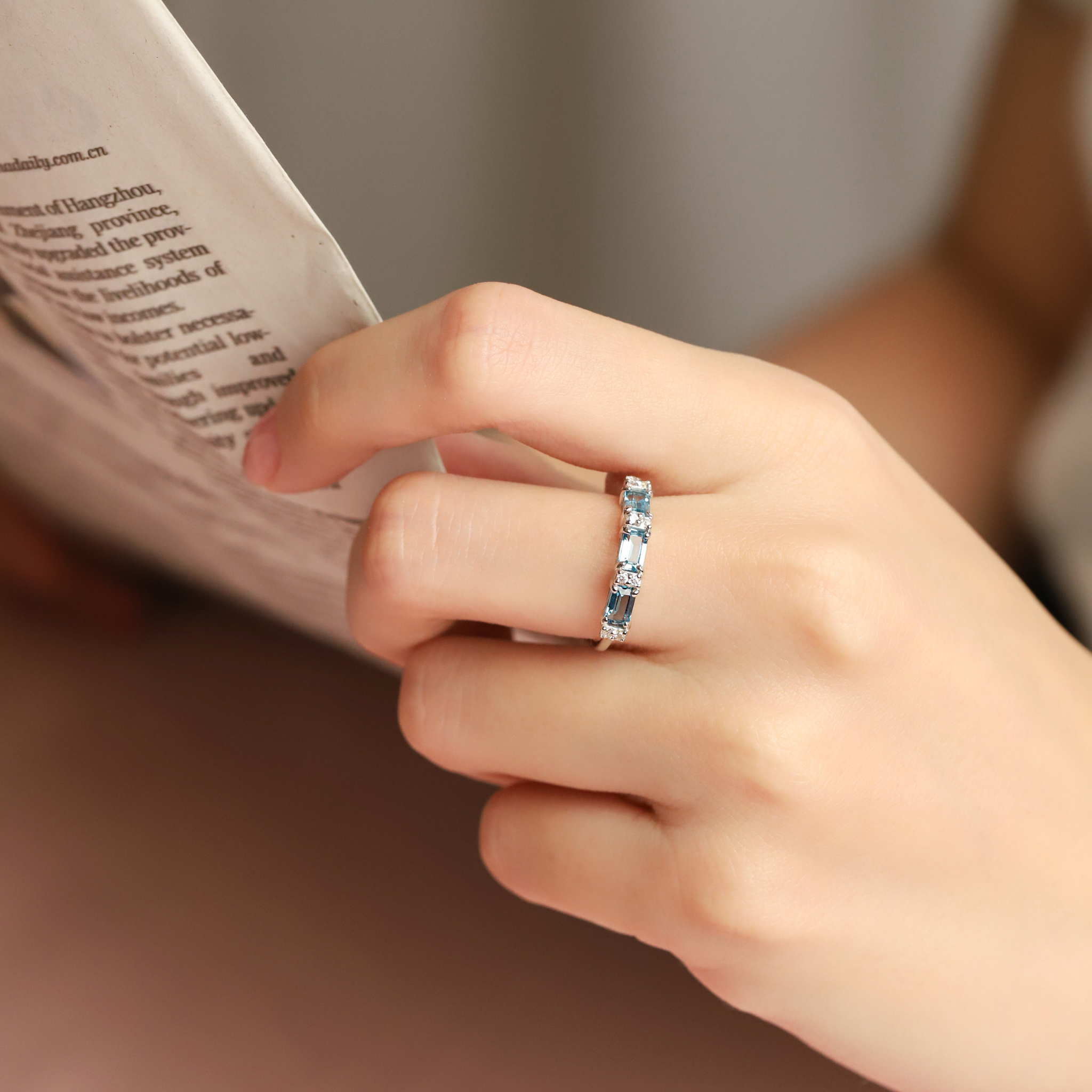 London Blue Topaz Emerald Cut Eternity Ring in Sterling Silver