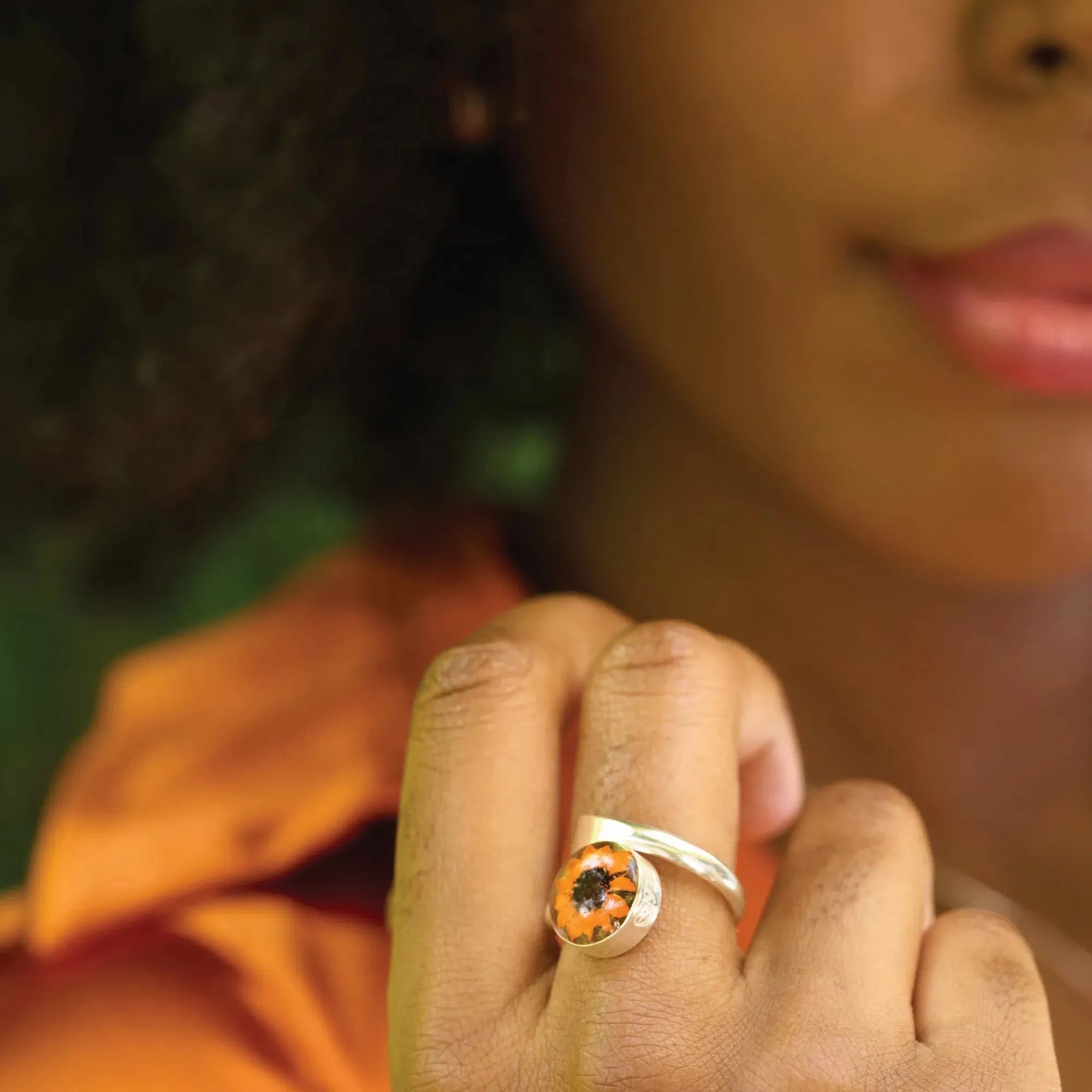 Sunflower jewellery by  Shrieking Violet® Sterling silver adjustable ring with a real flower. Ideal gift for a special friend, mum, wife