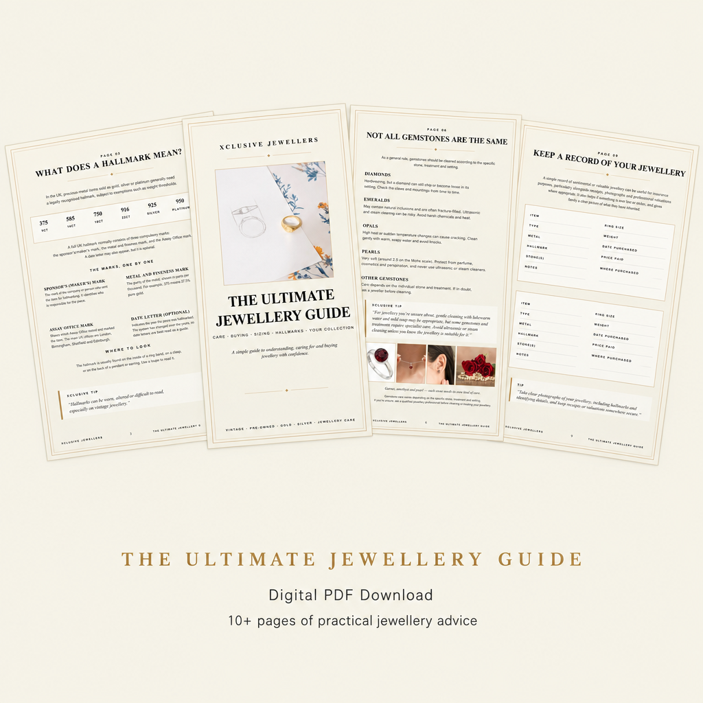 Four guide pages fanned with The Ultimate Jewellery Guide, Digital PDF Download and 10+ pages of practical jewellery advice